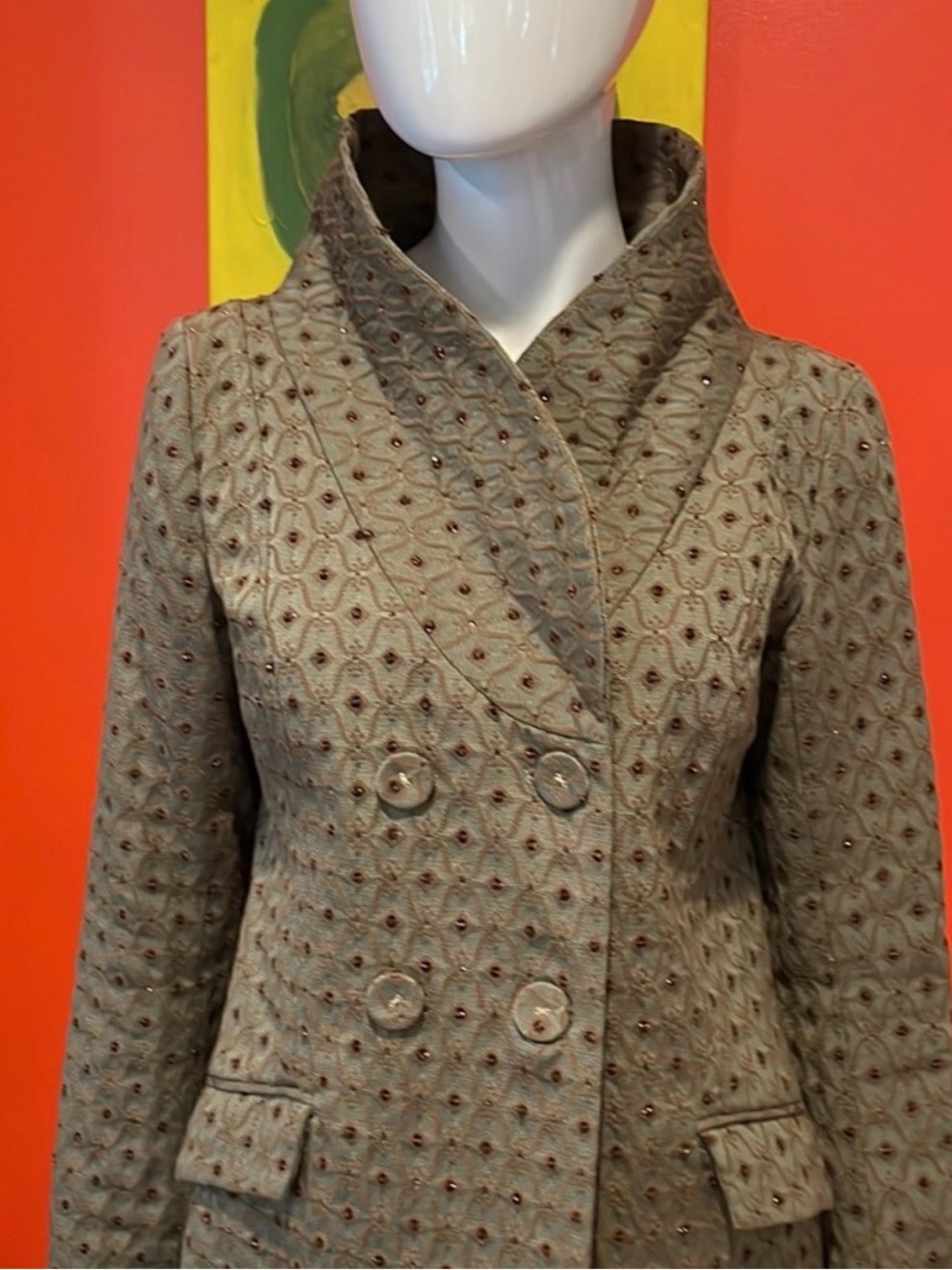 Dalia ~ Tapestry ~ Double Breasted ~ Pea Coat ~ Olive w/ Purple Satin Lining - Picture 8 of 10